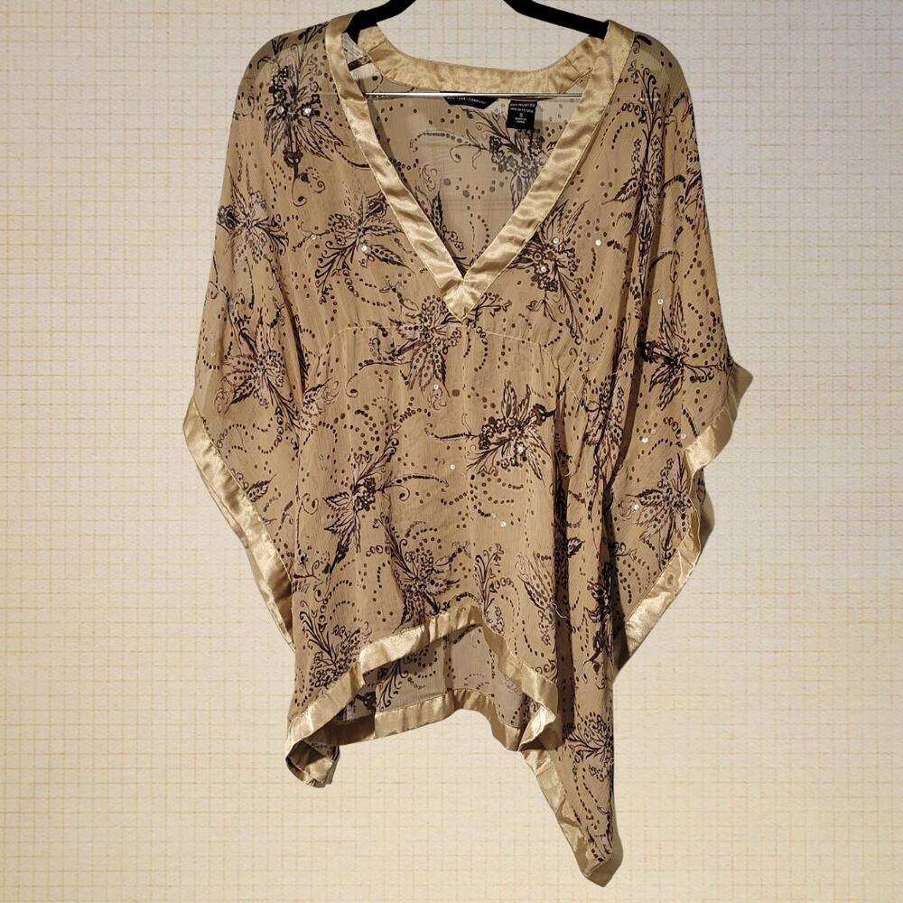Boho y2k Brand New York Sheer Sequined Floral Shawl Blouse S Small Beige